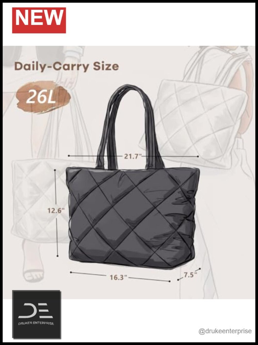 Large Lightweight Quilted Tote Bag with Laptop Compartment